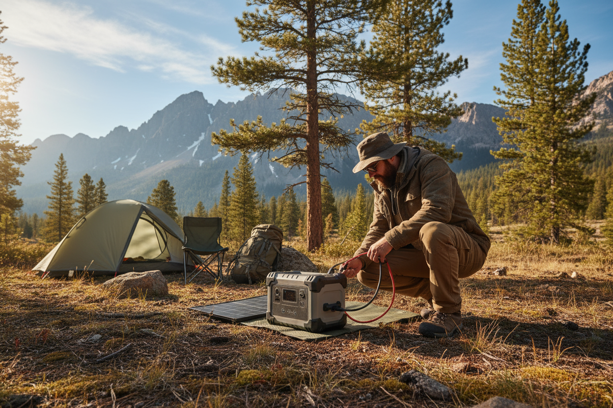 person setting up a battery in the outdoors
